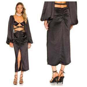 For Love & Lemons Pia Maxi Skirt Black Scrunched Strap Ruched Slit Front Satin